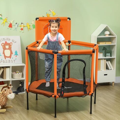 Qaba 48" Trampoline for Kids, Toddler Trampoline with Safety Enclosure Net, Basketball Hoop, Mini Trampoline Indoor Outdoor for Ages 3-6, Gifts for Boys & Girls, Orange in Saudi Arabia