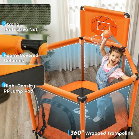 Qaba 48" Trampoline for Kids, Toddler Trampoline with Safety Enclosure Net, Basketball Hoop, Mini Trampoline Indoor Outdoor for Ages 3-6, Gifts for Boys & Girls, Orange in Saudi Arabia