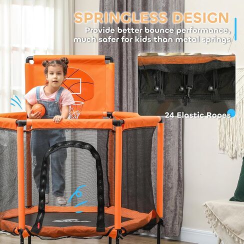 Qaba 48" Trampoline for Kids, Toddler Trampoline with Safety Enclosure Net, Basketball Hoop, Mini Trampoline Indoor Outdoor for Ages 3-6, Gifts for Boys & Girls, Orange in Saudi Arabia