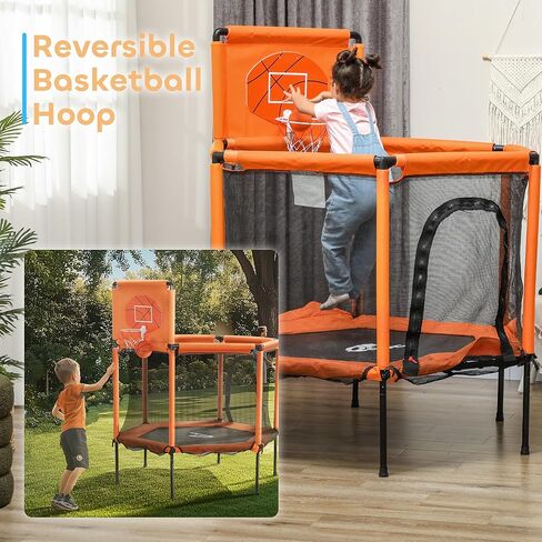 Qaba 48" Trampoline for Kids, Toddler Trampoline with Safety Enclosure Net, Basketball Hoop, Mini Trampoline Indoor Outdoor for Ages 3-6, Gifts for Boys & Girls, Orange in Saudi Arabia