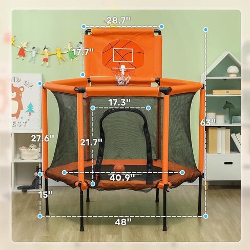 Qaba 48" Trampoline for Kids, Toddler Trampoline with Safety Enclosure Net, Basketball Hoop, Mini Trampoline Indoor Outdoor for Ages 3-6, Gifts for Boys & Girls, Orange in Saudi Arabia