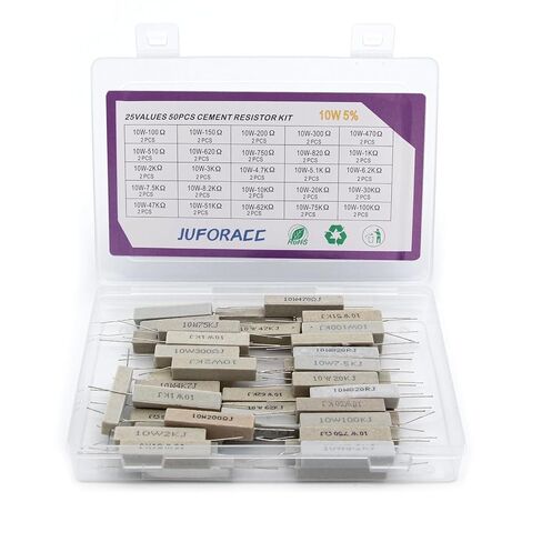 50 قطعة طقم مقاوم أسمنتي سيراميك 10 واط 25 قيمة 100 أوم إلى 100 كيلو أوم Ω ± 5% تحريض سلكي in Kuwait