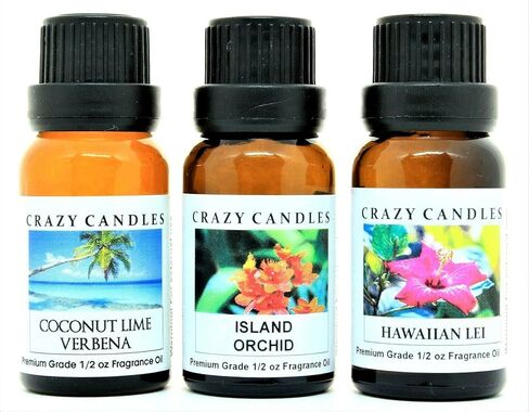مجموعة 3 زجاجات من كريزي كاندلز، 1 لويزة جوز الهند والليمون، 1 أوركيد الجزيرة، 1 ليو هاواي 1/2 أونصة سائلة لكل منها (15 مل) زيوت عطرية معطرة عالية الجودة in Kuwait