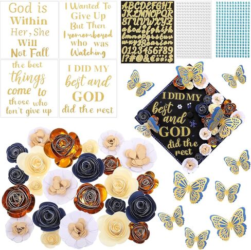 44 Pcs DIY Graduation Cap Decoration Accessory Kit Faux Paper Flower Head Graduation Quote Glitter Sticker 3D Butterfly Pearl Rhinestone Sticker for Grad Cap Topper Gift(Pink) in Saudi Arabia