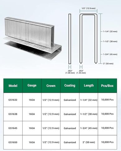 meite 16 Gauge 1/2-Inch Crown Staples, 1-1/2 Inch Length Galvanized Heavy-Duty Construction Narrow Crown Staples for Roofing Truss Assembly Fencing Siding Upholstery, GS-Style 10,000 PCS in Saudi Arabia