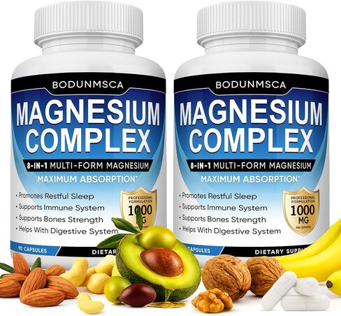 Magnesium Complex, 8 in 1, 1000mg - Glycinate, Citrate, Malate for Easy Absorption, Supports Relaxation, Sleep, Muscle Function & Bone Health, Magnesio Complex for Women, Non-GMO, 180 Capsules in Saudi Arabia