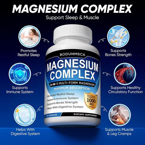 Magnesium Complex, 8 in 1, 1000mg - Glycinate, Citrate, Malate for Easy Absorption, Supports Relaxation, Sleep, Muscle Function & Bone Health, Magnesio Complex for Women, Non-GMO, 180 Capsules in Saudi Arabia