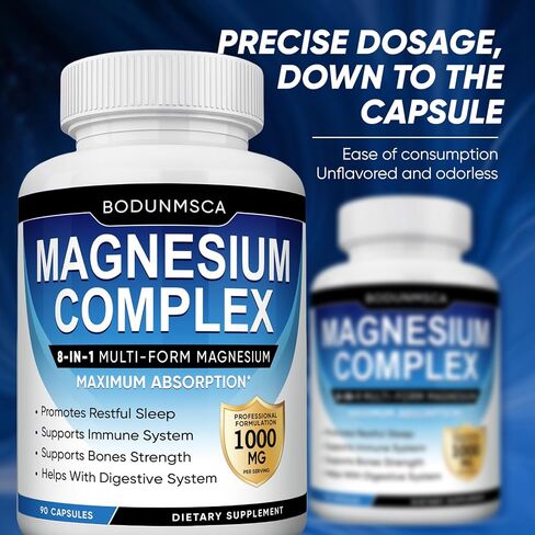 Magnesium Complex, 8 in 1, 1000mg - Glycinate, Citrate, Malate for Easy Absorption, Supports Relaxation, Sleep, Muscle Function & Bone Health, Magnesio Complex for Women, Non-GMO, 180 Capsules in Saudi Arabia