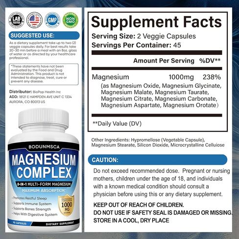Magnesium Complex, 8 in 1, 1000mg - Glycinate, Citrate, Malate for Easy Absorption, Supports Relaxation, Sleep, Muscle Function & Bone Health, Magnesio Complex for Women, Non-GMO, 180 Capsules in Saudi Arabia