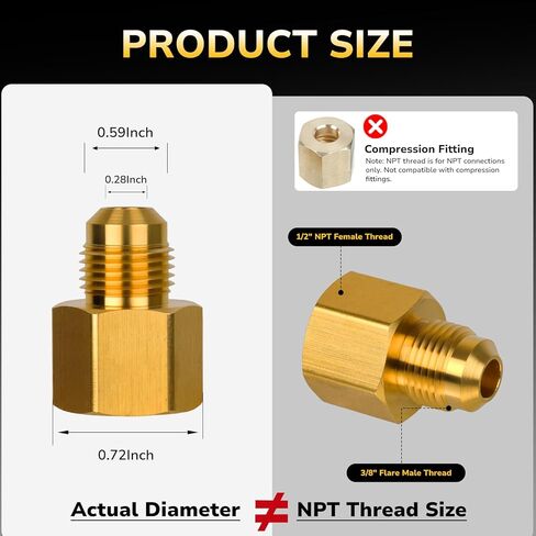 3/8" Male Flare to 1/2" NPT Female Brass Tube Fitting, Half Union Reducing Coupling Flared Fitting for Propane, Fuel, and Gas, Durable Brass Pipe Connector, Leak-Resistant in Kuwait
