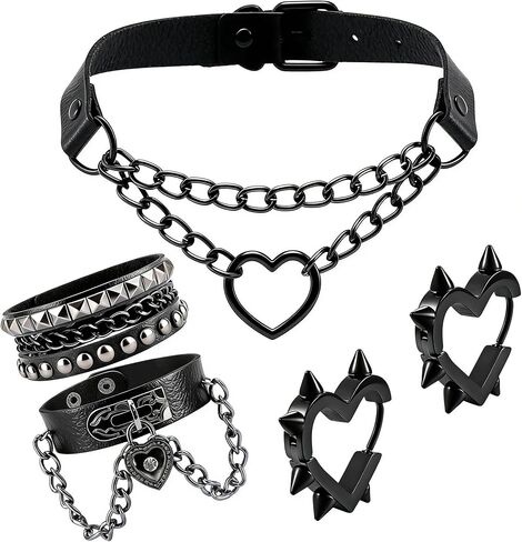 Black Heart Chain Choker Necklace Spike Earrings PU Leather Bracelet Gothic Punk Grunge Emo Jewelry Set for Women Men Halloween 3PCS in Kuwait