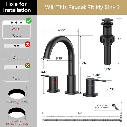 QFN Matte Black Bathroom Faucets 3 Hole, 8 Inch Widespread Vanity Sink Faucet with Aerator, 2 Handle 360° Swivel High Arc Spout, Spot-Free Finish, cUPC NSF Certified and CEC & DOE Compliant in Saudi Arabia