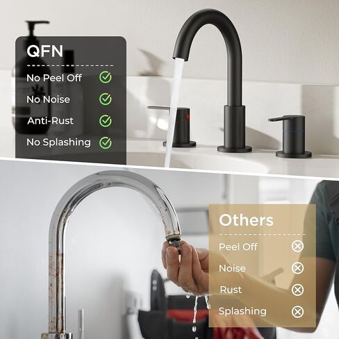 QFN Matte Black Bathroom Faucets 3 Hole, 8 Inch Widespread Vanity Sink Faucet with Aerator, 2 Handle 360° Swivel High Arc Spout, Spot-Free Finish, cUPC NSF Certified and CEC & DOE Compliant in Saudi Arabia