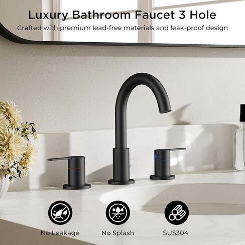 QFN Matte Black Bathroom Faucets 3 Hole, 8 Inch Widespread Vanity Sink Faucet with Aerator, 2 Handle 360° Swivel High Arc Spout, Spot-Free Finish, cUPC NSF Certified and CEC & DOE Compliant in Saudi Arabia