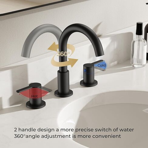 QFN Matte Black Bathroom Faucets 3 Hole, 8 Inch Widespread Vanity Sink Faucet with Aerator, 2 Handle 360° Swivel High Arc Spout, Spot-Free Finish, cUPC NSF Certified and CEC & DOE Compliant in Saudi Arabia