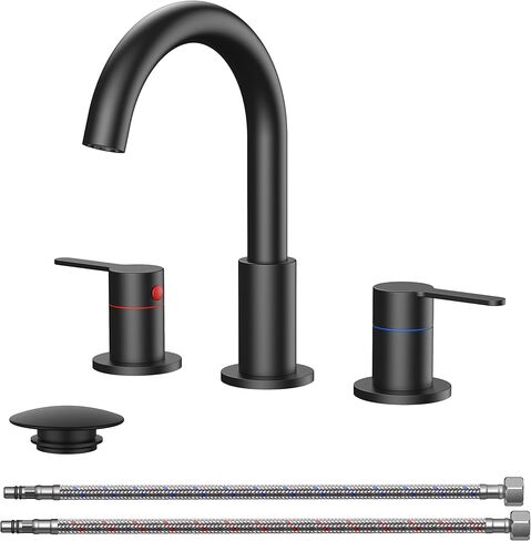 QFN Matte Black Bathroom Faucets 3 Hole, 8 Inch Widespread Vanity Sink Faucet with Aerator, 2 Handle 360° Swivel High Arc Spout, Spot-Free Finish, cUPC NSF Certified and CEC & DOE Compliant in Saudi Arabia