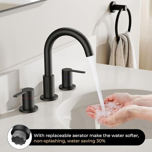 QFN Matte Black Bathroom Faucets 3 Hole, 8 Inch Widespread Vanity Sink Faucet with Aerator, 2 Handle 360° Swivel High Arc Spout, Spot-Free Finish, cUPC NSF Certified and CEC & DOE Compliant in Saudi Arabia