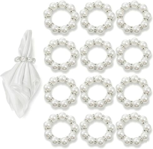 12 PCS Pearl Napkin Rings, White Napkin Rings Buckles for Table, Beaded Pearl Napkins Ring Holders for Wedding Table Decor, Formal Dinner in Saudi Arabia