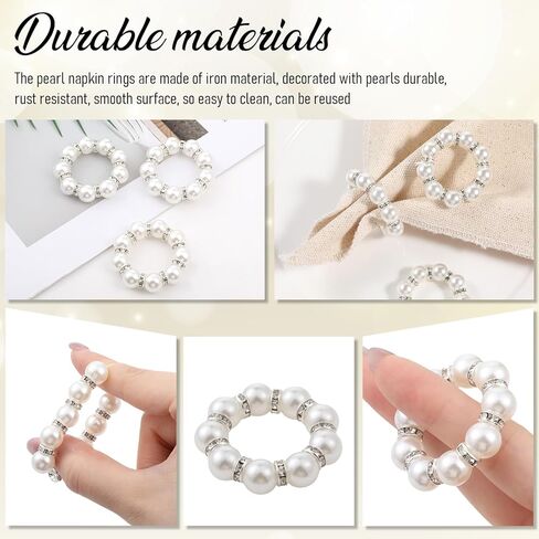 12 PCS Pearl Napkin Rings, White Napkin Rings Buckles for Table, Beaded Pearl Napkins Ring Holders for Wedding Table Decor, Formal Dinner in Saudi Arabia