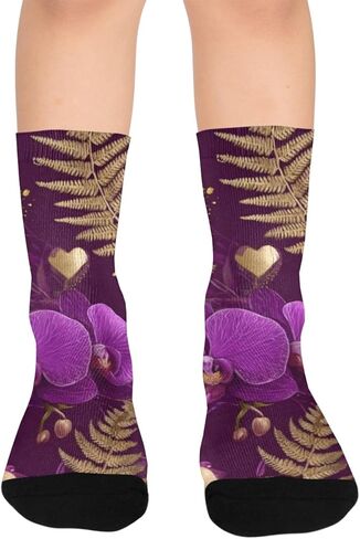 جوارب الأوركيد الذهبية على شكل قلب أرجواني للمشي لمسافات طويلة - جوارب شتوية حرارية سميكة دافئة للأولاد والبنات للمدرسة، والارتداء اليومي والأنشطة الخارجية in Kuwait