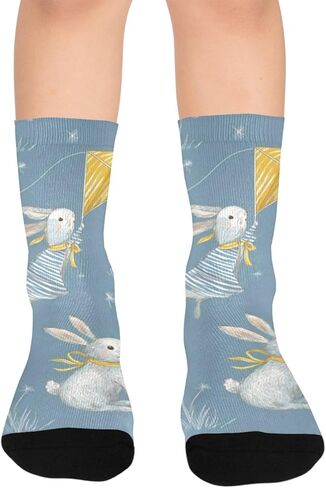 جوارب مشي على شكل أرانب مخططة باللون الأصفر - جوارب شتوية حرارية سميكة دافئة للأولاد والبنات الصغار للمدرسة، والارتداء اليومي والأنشطة الخارجية in Kuwait