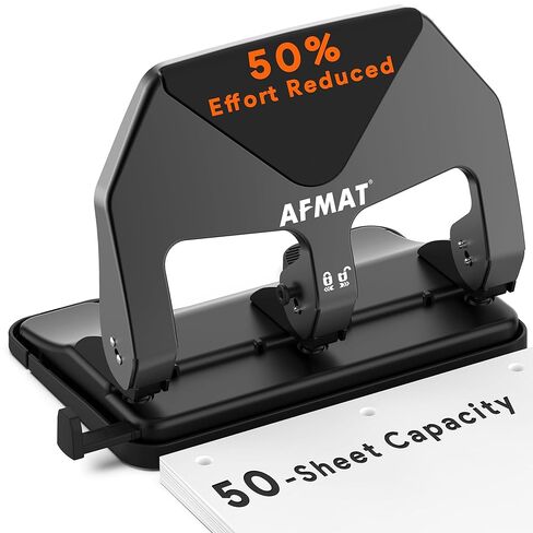 AFMAT للخدمة الشاقة ذات 3 فتحات، سعة 50 ورقة، 50% مجهود مخفض بثلاثة فتحات للموثق، استخدامات 10K+، صينية شرائح كبيرة، دليل ورق قابل للتعديل، ثقب ورق معدني للمكتب 3 حلقات HP20 (أسود) in Kuwait