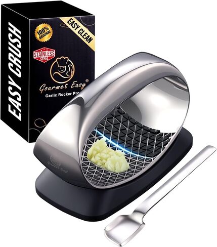 Garlic Press Rocker Stainless Steel with Eject Base + Scraper Spoon, Innovative 3D Cutting, Easy Crush & Clean Garlic Mincer, Premium Garlic Peeler Tool with Non-Slip Ergonomic Grip, 5 Year Warranty in Kuwait