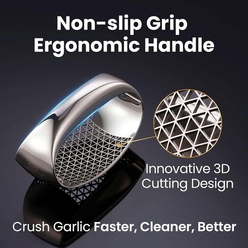 Garlic Press Rocker Stainless Steel with Eject Base + Scraper Spoon, Innovative 3D Cutting, Easy Crush & Clean Garlic Mincer, Premium Garlic Peeler Tool with Non-Slip Ergonomic Grip, 5 Year Warranty in Kuwait