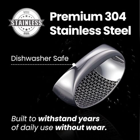 Garlic Press Rocker Stainless Steel with Eject Base + Scraper Spoon, Innovative 3D Cutting, Easy Crush & Clean Garlic Mincer, Premium Garlic Peeler Tool with Non-Slip Ergonomic Grip, 5 Year Warranty in Kuwait