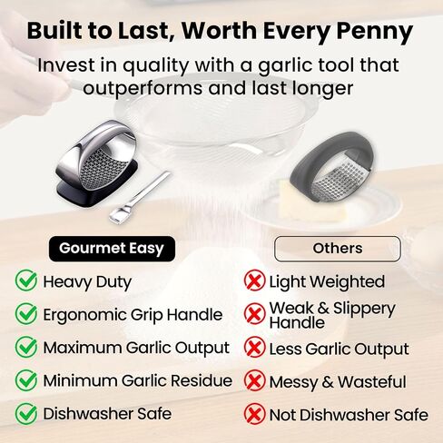 Garlic Press Rocker Stainless Steel with Eject Base + Scraper Spoon, Innovative 3D Cutting, Easy Crush & Clean Garlic Mincer, Premium Garlic Peeler Tool with Non-Slip Ergonomic Grip, 5 Year Warranty in Kuwait