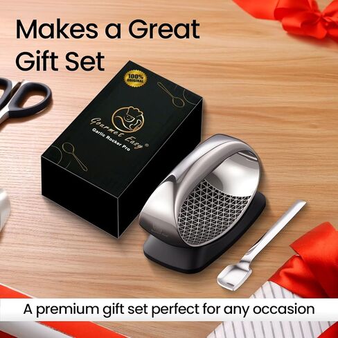 Garlic Press Rocker Stainless Steel with Eject Base + Scraper Spoon, Innovative 3D Cutting, Easy Crush & Clean Garlic Mincer, Premium Garlic Peeler Tool with Non-Slip Ergonomic Grip, 5 Year Warranty in Kuwait