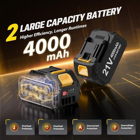 طاحونة زاوية لاسلكية 4-1/2 بوصة، مجموعة أدوات طاحونة بدون فرش، بطاريات 2 × 21 فولت 4.0 أمبير، مطحنة لاسلكية 10000 دورة في الدقيقة، أداة قطع لقطع المعادن، الطحن، التلميع، إزالة الصدأ (أصفر) in Kuwait