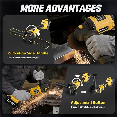 طاحونة زاوية لاسلكية 4-1/2 بوصة، مجموعة أدوات طاحونة بدون فرش، بطاريات 2 × 21 فولت 4.0 أمبير، مطحنة لاسلكية 10000 دورة في الدقيقة، أداة قطع لقطع المعادن، الطحن، التلميع، إزالة الصدأ (أصفر) in Kuwait