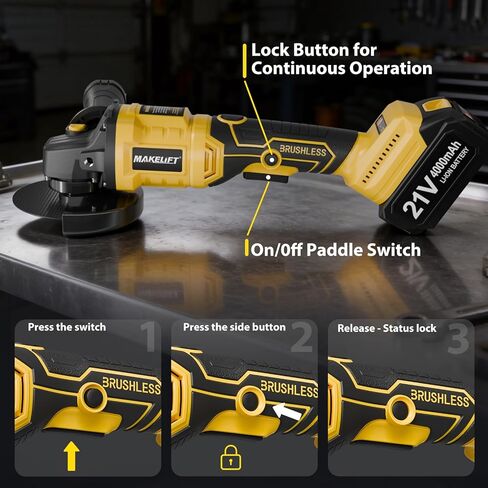 طاحونة زاوية لاسلكية 4-1/2 بوصة، مجموعة أدوات طاحونة بدون فرش، بطاريات 2 × 21 فولت 4.0 أمبير، مطحنة لاسلكية 10000 دورة في الدقيقة، أداة قطع لقطع المعادن، الطحن، التلميع، إزالة الصدأ (أصفر) in Kuwait