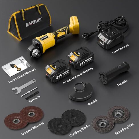 طاحونة زاوية لاسلكية 4-1/2 بوصة، مجموعة أدوات طاحونة بدون فرش، بطاريات 2 × 21 فولت 4.0 أمبير، مطحنة لاسلكية 10000 دورة في الدقيقة، أداة قطع لقطع المعادن، الطحن، التلميع، إزالة الصدأ (أصفر) in Kuwait