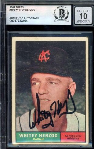 y Herzog Gem Mint 10 Beckett BAS Signed 1961 Topps Autographed - Baseball Slabbed Autographed Cards in Saudi Arabia