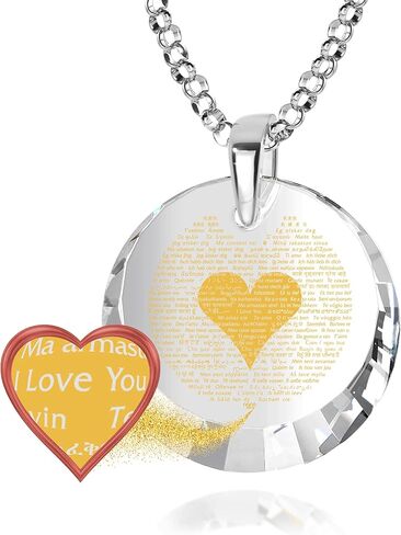 NanoStyle 120 Languages I Love You Necklace for Women Pure Gold Inscribed in Miniature Text on Sparkling Brilliant Cut Round Cubic Zirconia Gemstone Love Pendant, 18" 925 Sterling Silver Rolo Chain in Kuwait