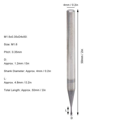 آلة قطع طحن خيط فولاذ التنغستن 60 درجة بـ 3 أسنان لأداة يدوية CNC، مواصفات M1.6x0.35xD4x50، الحدة، مناسبة للمواد المتعددة in Kuwait