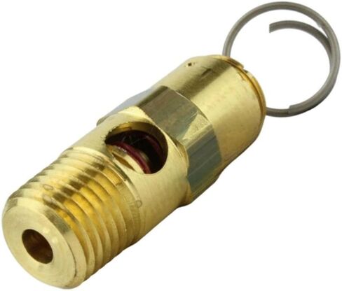 صمام تخفيف أمان ضاغط الهواء AS25075 - لأجزاء خزانات تخزين ضاغط الهواء كونرادر - صمام منبثق للخزانات - 75 رطل لكل بوصة مربعة 1/4 بوصة ذكر NPT 68 SCFM إجمالي طول الصمام: 1-5/8 بوصة نحاس صلب ذهبي in Kuwait