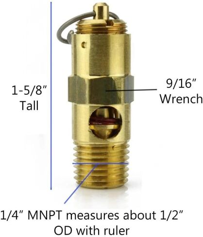 صمام تخفيف أمان ضاغط الهواء AS25075 - لأجزاء خزانات تخزين ضاغط الهواء كونرادر - صمام منبثق للخزانات - 75 رطل لكل بوصة مربعة 1/4 بوصة ذكر NPT 68 SCFM إجمالي طول الصمام: 1-5/8 بوصة نحاس صلب ذهبي in Kuwait