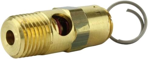 صمام تخفيف أمان ضاغط الهواء AS25075 - لأجزاء خزانات تخزين ضاغط الهواء كونرادر - صمام منبثق للخزانات - 75 رطل لكل بوصة مربعة 1/4 بوصة ذكر NPT 68 SCFM إجمالي طول الصمام: 1-5/8 بوصة نحاس صلب ذهبي in Kuwait