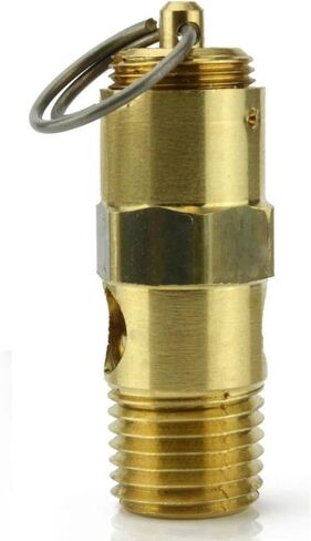 صمام تخفيف أمان ضاغط الهواء AS25075 - لأجزاء خزانات تخزين ضاغط الهواء كونرادر - صمام منبثق للخزانات - 75 رطل لكل بوصة مربعة 1/4 بوصة ذكر NPT 68 SCFM إجمالي طول الصمام: 1-5/8 بوصة نحاس صلب ذهبي in Kuwait