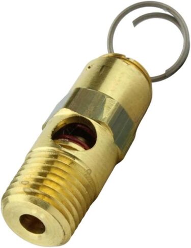 صمام تخفيف أمان ضاغط الهواء 25080 - لأجزاء خزان تخزين ضاغط الهواء كونرادر - صمام منبثق للخزانات - 80 رطل لكل بوصة مربعة 1/4 بوصة ذكر NPT نحاس صلب 42 SCFM إجمالي طول الصمام: 1-5/8 بوصة ذهبي in Kuwait