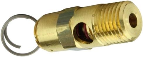 صمام تخفيف أمان ضاغط الهواء 25080 - لأجزاء خزان تخزين ضاغط الهواء كونرادر - صمام منبثق للخزانات - 80 رطل لكل بوصة مربعة 1/4 بوصة ذكر NPT نحاس صلب 42 SCFM إجمالي طول الصمام: 1-5/8 بوصة ذهبي in Kuwait