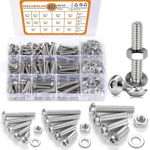 462 PCS Metric Screw Assortment M5 M6 M8, 304 Stainless Steel Button Head Socket Cap Metric Screws Bolts Nuts and Washers Assortment Kit, Includes 14 Most Common Sizes (10mm to 40mm) in Kuwait