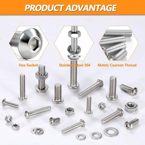 462 PCS Metric Screw Assortment M5 M6 M8, 304 Stainless Steel Button Head Socket Cap Metric Screws Bolts Nuts and Washers Assortment Kit, Includes 14 Most Common Sizes (10mm to 40mm) in Kuwait