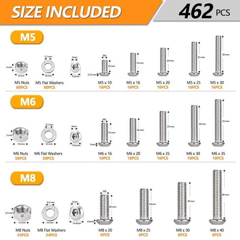 462 PCS Metric Screw Assortment M5 M6 M8, 304 Stainless Steel Button Head Socket Cap Metric Screws Bolts Nuts and Washers Assortment Kit, Includes 14 Most Common Sizes (10mm to 40mm) in Kuwait