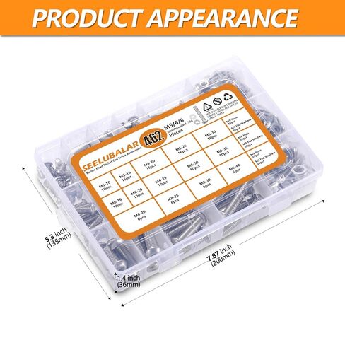 462 PCS Metric Screw Assortment M5 M6 M8, 304 Stainless Steel Button Head Socket Cap Metric Screws Bolts Nuts and Washers Assortment Kit, Includes 14 Most Common Sizes (10mm to 40mm) in Kuwait