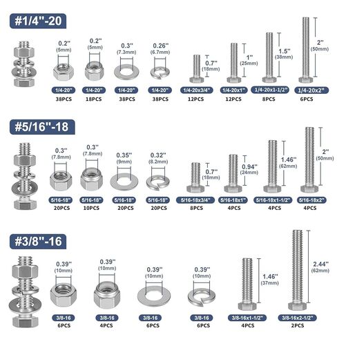 مجموعة متنوعة من البراغي والصواميل السداسية 288 قطعة، 1/4-20، 5/16-18، 3/8-16، مجموعة غسالات صواميل سداسية وقفل متنوعة، 304 من الفولاذ المقاوم للصدأ in Kuwait