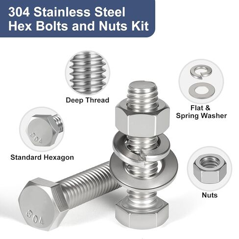 مجموعة متنوعة من البراغي والصواميل السداسية 288 قطعة، 1/4-20، 5/16-18، 3/8-16، مجموعة غسالات صواميل سداسية وقفل متنوعة، 304 من الفولاذ المقاوم للصدأ in Kuwait